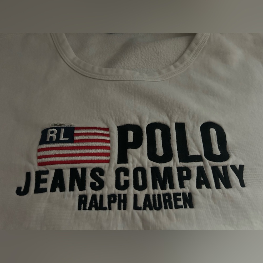 Ralph Lauren White Sweatshirt with Navy Logo and Red Flag Accent